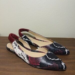 Antonio Melani Radyn Leather Snake Print  Sling Back Flats Burgundy Black Sz 10‎